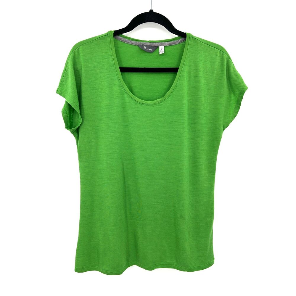 IBEX Women's Green Scoop Neck Cap Sleeve Merino Wool Top Made in USA Size Large